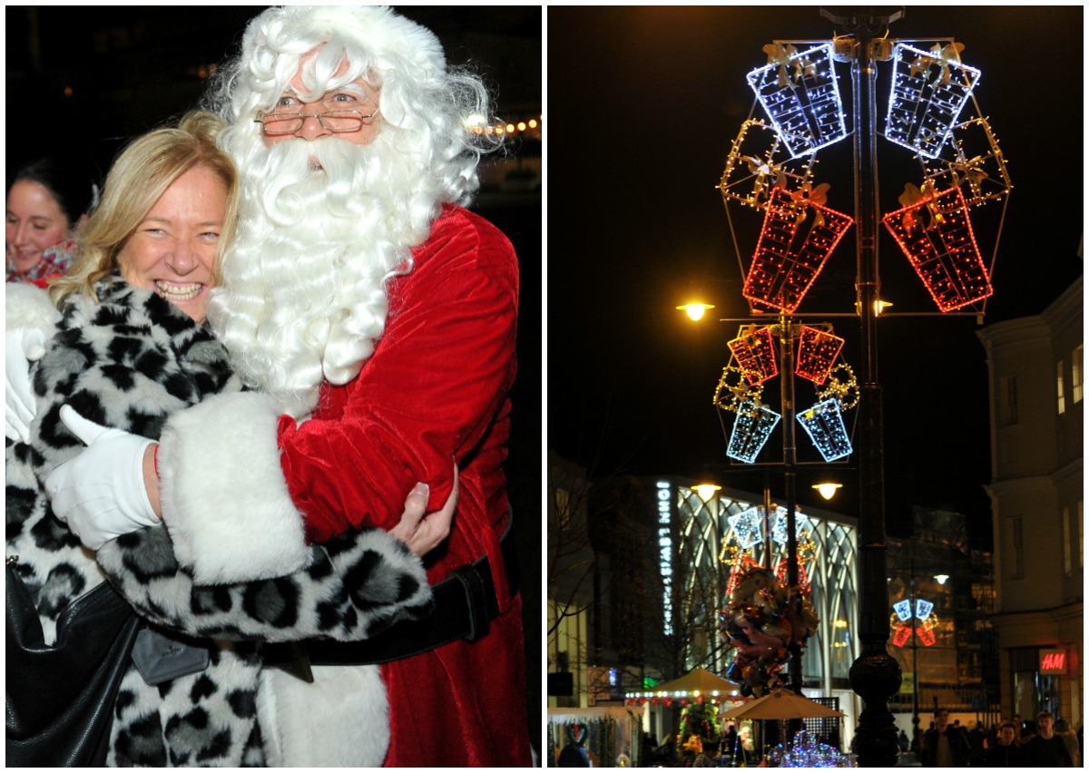 Selection of images - woman meeting Father Christmas and Christmas lights